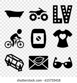 Image icons set. set of 9 image filled icons such as lottery, Vegas, t-shirt with heart, love letter, camera display, bath, bicycle, sunglasses