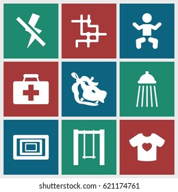 Image icons set. set of 9 image filled icons such as hippopotamus, baby, swing, first aid kit, t-shirt with heart, no flash, photo, shower