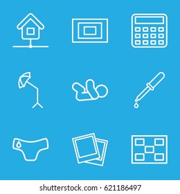 Image icons set. set of 9 image outline icons such as children panties, baby, calculator, pipette, photo, studio umbrella