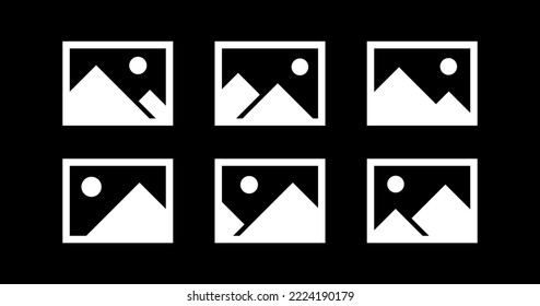 Image icons set. Abstract painting of mountains and sun. Pictogram denoting photo or media content. Isolated vector illustration on black background.