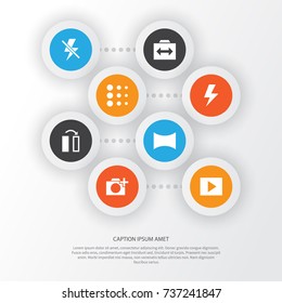 Image Icons Set. Collection Of Angle, Circle, Lightning And Other Elements. Also Includes Symbols Such As Photo, Circle, Add.