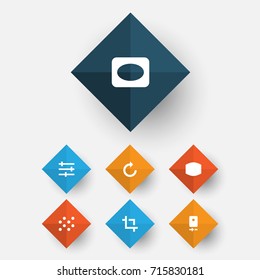 Image Icons Set. Collection Of Frame, Reload, Setting And Other Elements. Also Includes Symbols Such As Frame, Tune, Vignette.