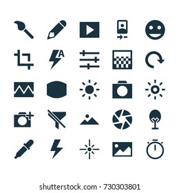Image Icons Set. Collection Of No Filter, Center Focus, Chessboard And Other Elements. Also Includes Symbols Such As Play, Chronometer, Pencil.