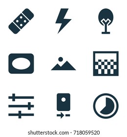 Image Icons Set. Collection Of Setting, Flash, Frame And Other Elements. Also Includes Symbols Such As Gradient, Thunder, Cycle.