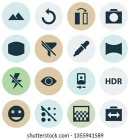 Image icons set with panorama, remove red eye, flip and other high dynamic range elements. Isolated vector illustration image icons.