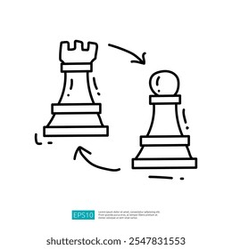 The image illustrates a chess rook and pawn, showcasing their transformation in a simplified, hand-drawn style.