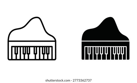 The image illustrates the contrasting shapes and keyboard layouts of a grand piano on the left and an upright piano on the right. The grand piano has a horizontal body with a sweeping curve, while the upright piano features a vertical body with a more compact and angular design. Both depict the same arrangement of black and white keys.