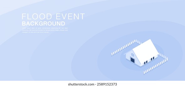 The image illustrates a flood event with an isometric house surrounded by water. Blue concentric waves depict rising water levels. The left side features text with a minimalist, modern design.