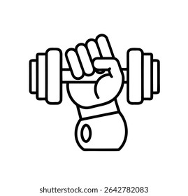 The image illustrates a hand gripping a dumbbell outline on white background