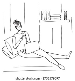 The image illustrates how you can work through the Internet comfortably sitting at home. Woman with laptop on her lap. In the hand is a cup of coffee. She sits with her elbows on the pillows. Remotе.