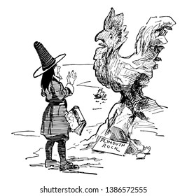 Das Bild zeigt den Moment, in dem Pilgrim den Plymouth Rock, die Vintage-Linien-Zeichnung oder Gravitation-Illustration besucht hat.