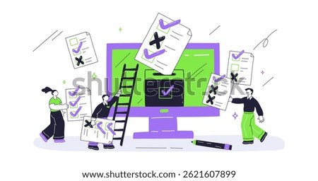The image illustrates a playful survey concept with checklists, a computer screen, and a ladder. Playful style