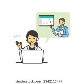 Image illustration of asian woman taking online course. vector.