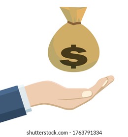 Image illustration of a bag of dollars floating in the palm, finance, asset formation.