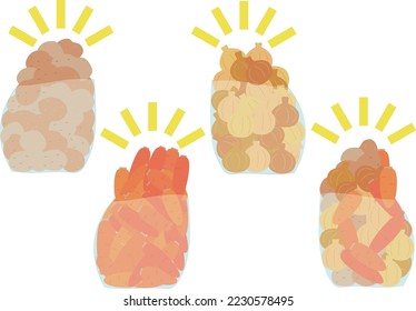 Image illustration of a bag stuffed with potatoes, onions and carrots