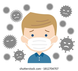 Image illustration of a boy and virus. The boy is wearing a mask.