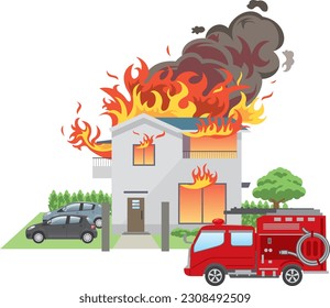 Bild-Illustration eines brennenden zweistöckigen Hauses und eines Feuerwehrwagens