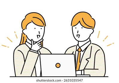 Image illustration of a businessman teaching a young female employee how to do her job using a computer