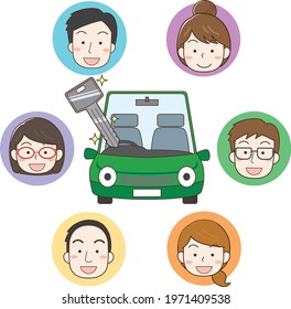 Image illustration of car sharing by multiple men and women