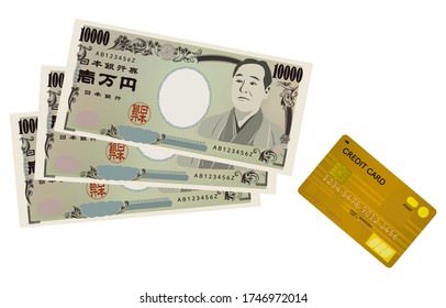 Image illustration of cashing, cash and credit card (gold) - Translation: Bank of Japan ticket, 10,000 yen, Bank of Japan