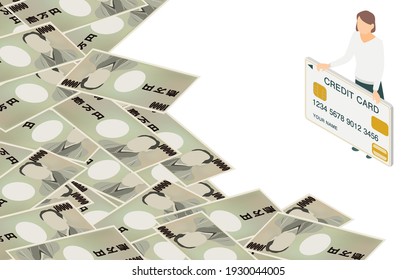 Image illustration of cashing with a credit card, isometric - Translation: Japanese currency, meaning 10,000 yen