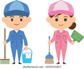 Image illustration of a cleaning worker holding cleaning tools (men and women set)