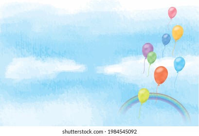 Image illustration of colorful balloons and rainbows floating in the blue sky (watercolor style, pastel)