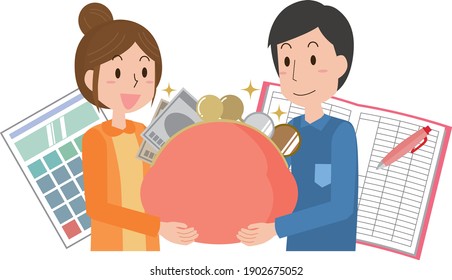 Image illustration of a couple holding a purse and cooperating to manage their household budget