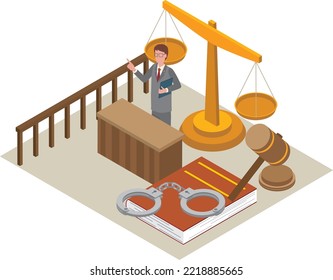 Image illustration of a court and lawyers and prosecutors