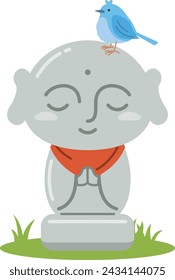 Image illustration of a cute Jizo statue and a small bird holding hands together