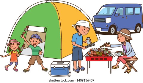 Image illustration doing barbecue with four families