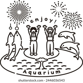 Image illustration of a dolphin show at an aquarium (line drawing)