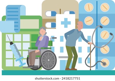 Image illustration of elderly men and women and medical care