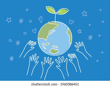 Ilustración de la conservación del medio ambiente (tierra y manos con brote)