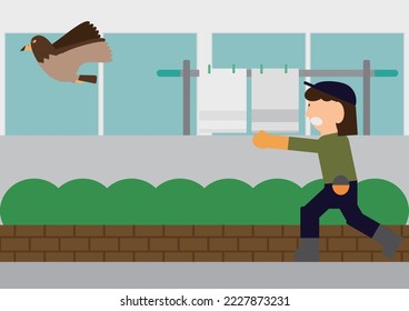 Image illustration of a falconer woman working (releasing a falcon) in a collective housing