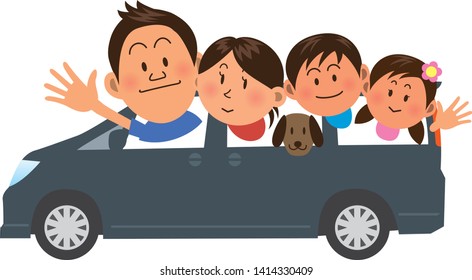 Image illustration of a family of four people and a dog to drive