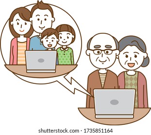 Image illustration of a family having a videophone conversation using a laptop