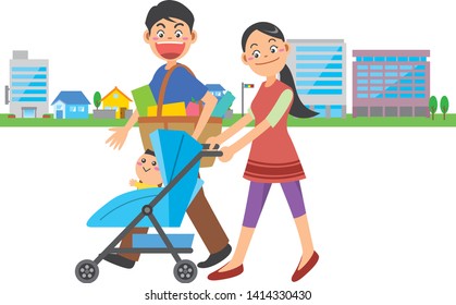 Image illustration of father and mother who finished shopping pushing a stroller