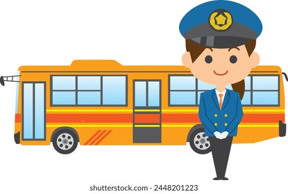 Image illustration of a female bus driver and bus