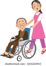 Image illustration of a female carer pushing a wheelchair on which an elderly man got