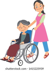 Image illustration of a female carer pushing a wheelchair on which an elderly woman got