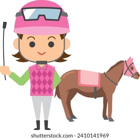 Image illustration of a female jockey and a racehorse standing with a whip