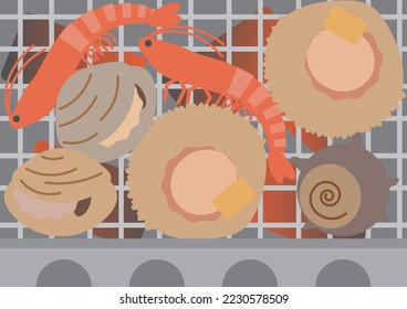 Image illustration of fresh seafood grilled on a charcoal stove