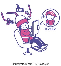 
Ilustración de una peluquería totalmente automática donde se puede elegir el peinado favorito mientras se mira la tableta