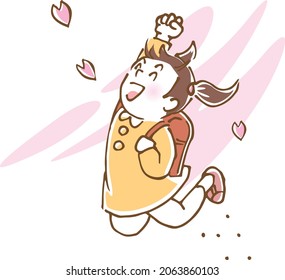 Image illustration of a girl carrying a school bag jumping (hand-drawn)