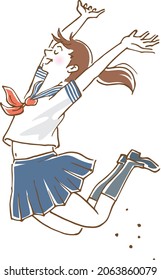 Image illustration of a girl in a sailor suit jumping (hand-drawn) 