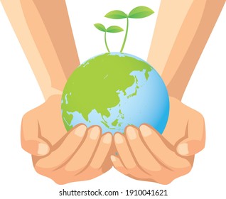 Image illustration of a hand holding the earth with sprout