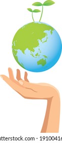 Image illustration of a hand holding the earth with sprout