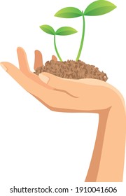 Image illustration of a hand holding the soil where sprouts are growing