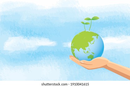 Image illustration of hand and sky holding the earth with sprout